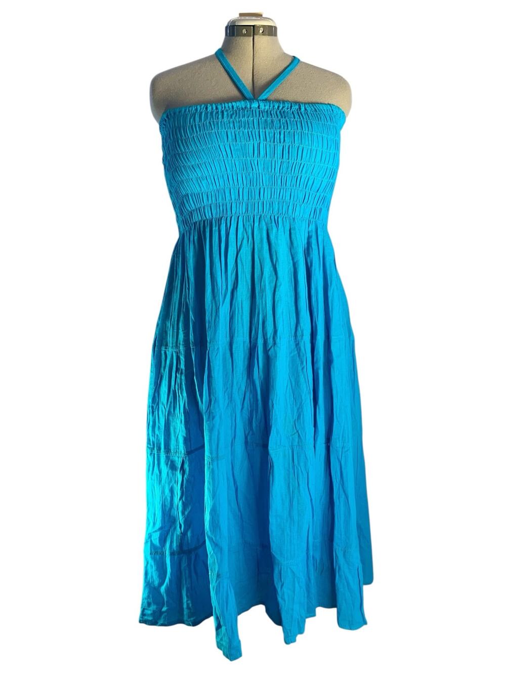 Turquoise Smocked Halter Tiered Maxi Dress, 100% Cotton Summer Boho Gypsy Resort